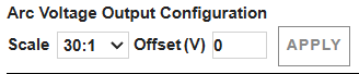 This image shows where to choose settings for the Arc Voltage Output Configuration Scale setting and Offset (V) setting on the Other screen.