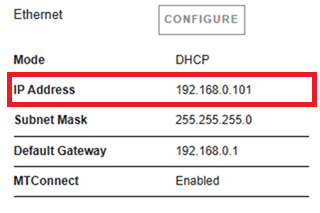 This image shows an example screen with an Internet Protocol address that was acquired through aDynamic Host Configuration Protocol-capable router with an Ethernet LAN interface.