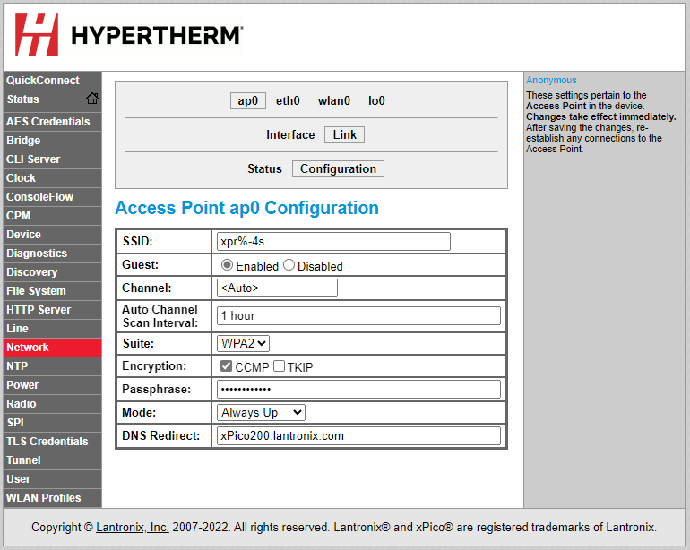 Choose Network, ap0, Link, and Configuration on the Device Setup screen.