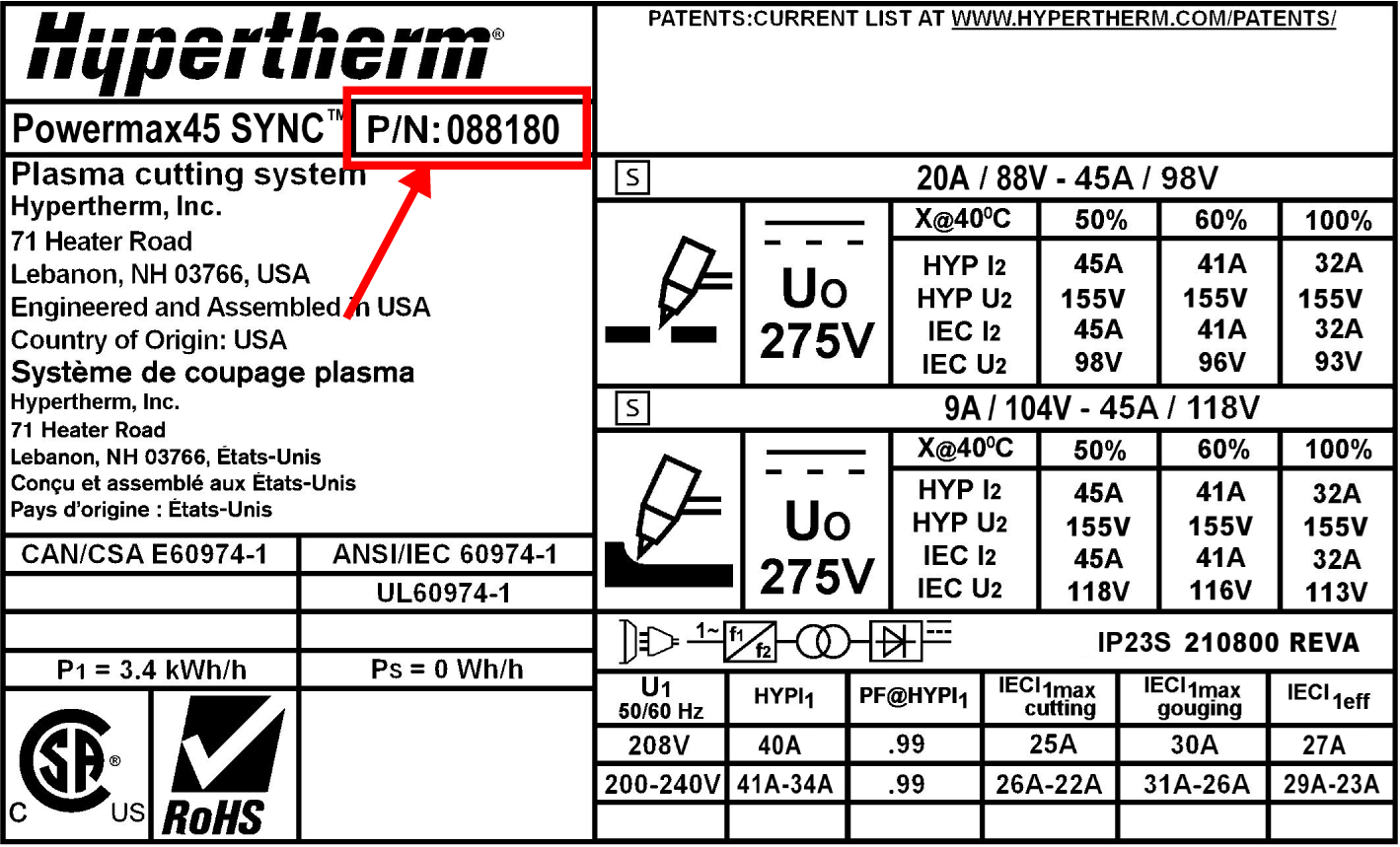 Esta imagen muestra la ubicación del número de pieza de la fuente de energía plasma en la placa de datos.