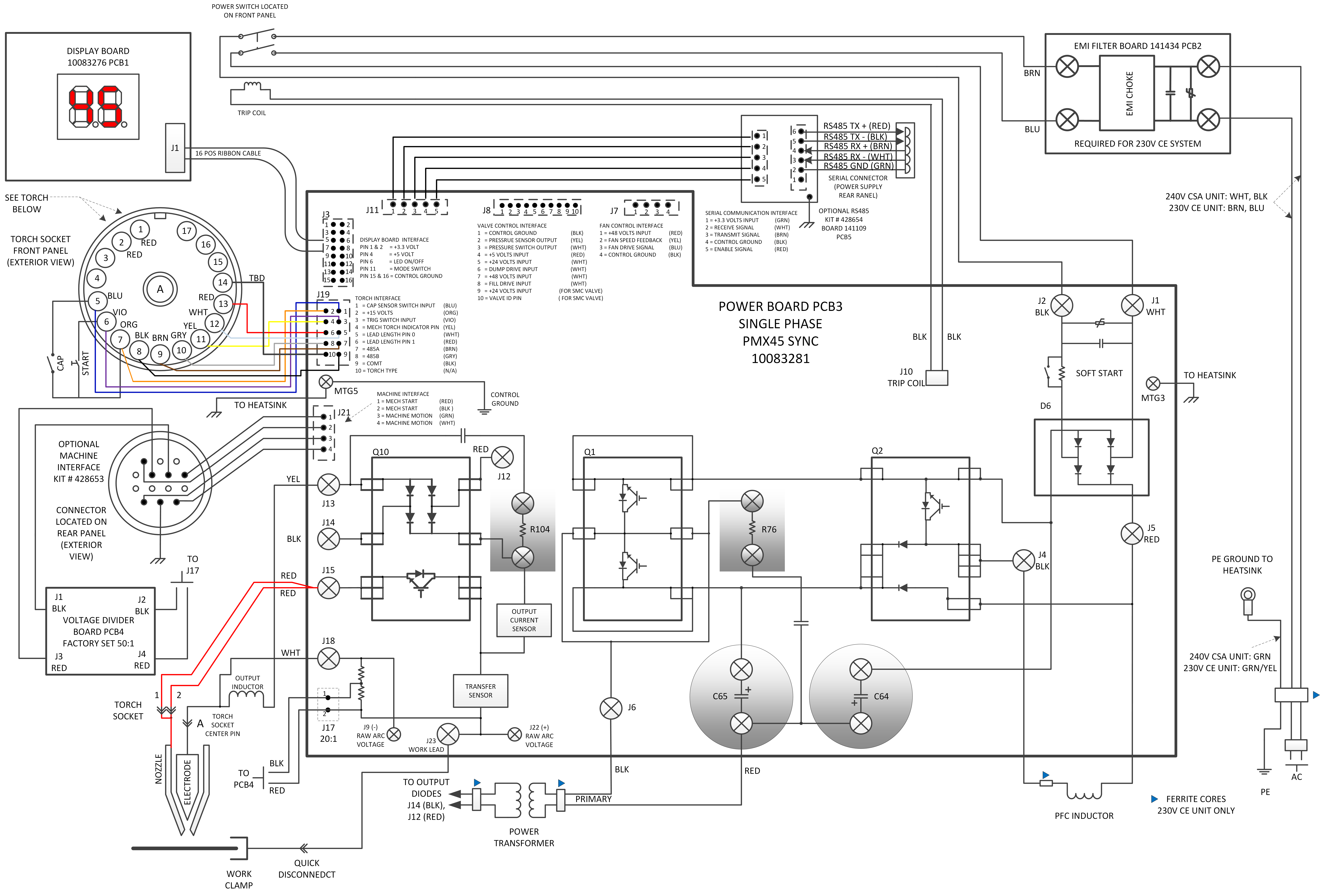 La imagen es un diagrama eléctrico de la fuente de energía plasma monofásica.