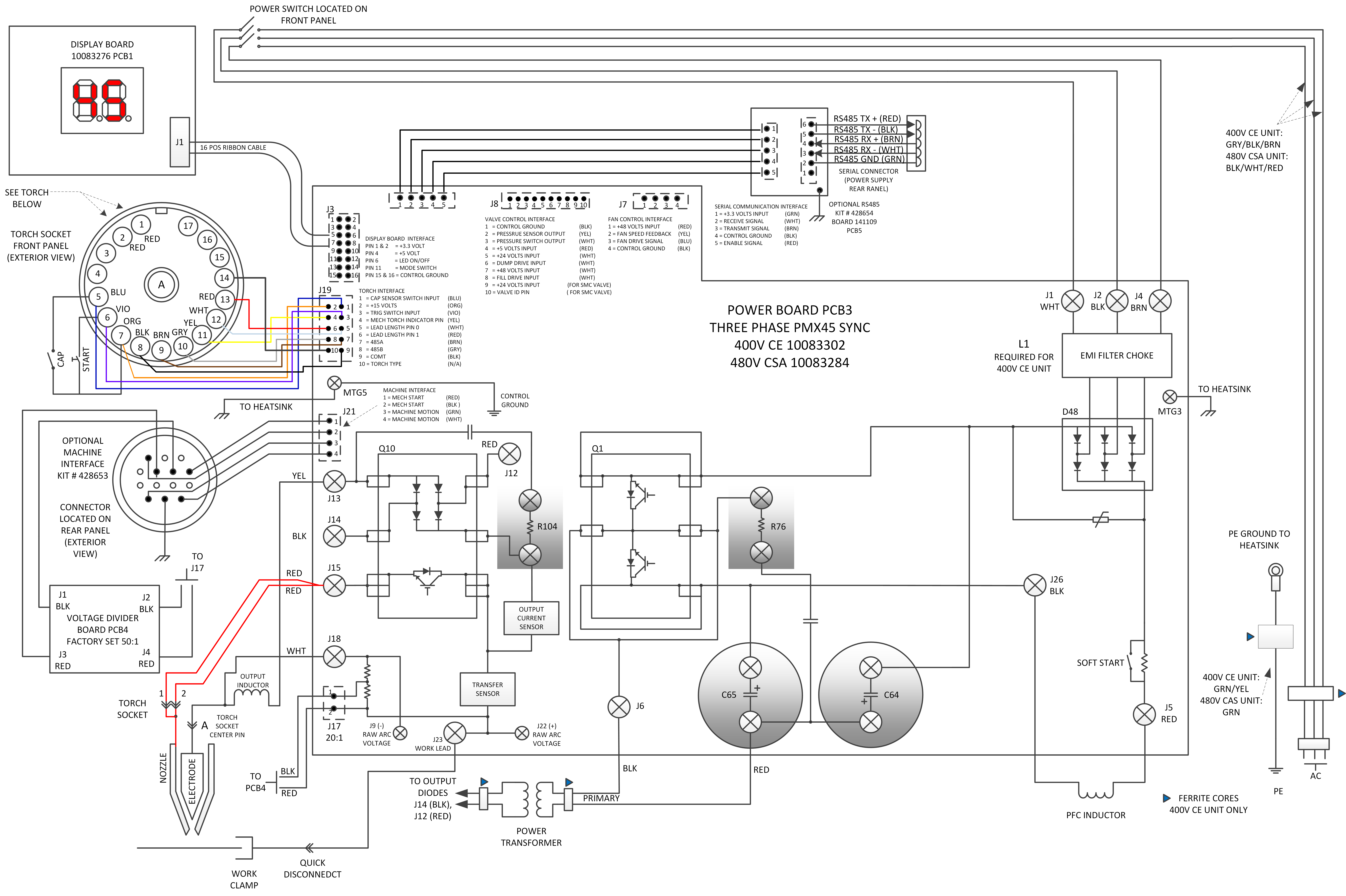 La imagen es un diagrama eléctrico de la fuente de energía plasma trifásica.