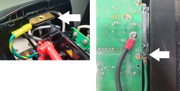 La imagen muestra dos ubicaciones dentro de la fuente de energía plasma que se pueden usar para conectar el sistema a tierra.