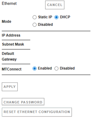 Esta imagen muestra un ejemplo de pantalla de configuración de Ethernet con el modo Protocolo de configuración de host dinámico y MTConnect activados.