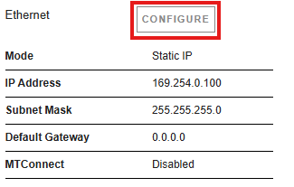 Esta imagen muestra el botón Configure (Configurar) en una pantalla Ethernet XPR de ejemplo.