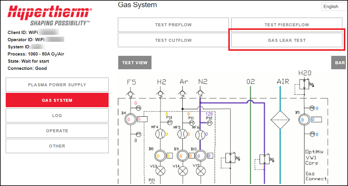 Ilustracja przedstawia przycisk GAS LEAK TEST na przykładowym ekranie interfejsu internetowego.