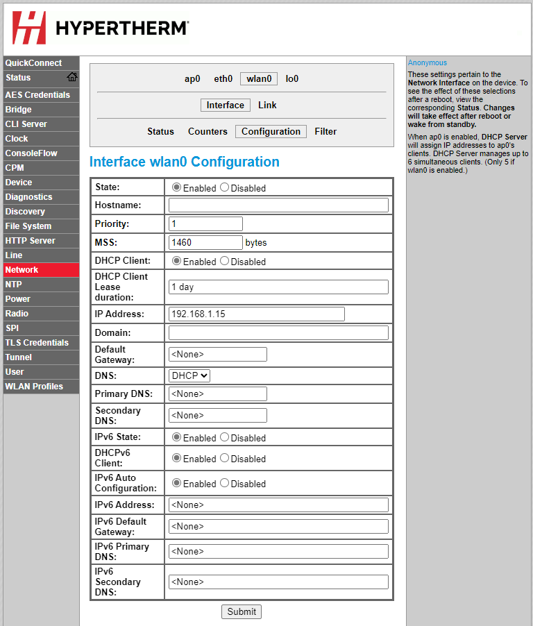 在 Device Setup（设备设置）屏幕，选择 Network（网络）、wlan0、Interface（接口）、Configuration（配置）