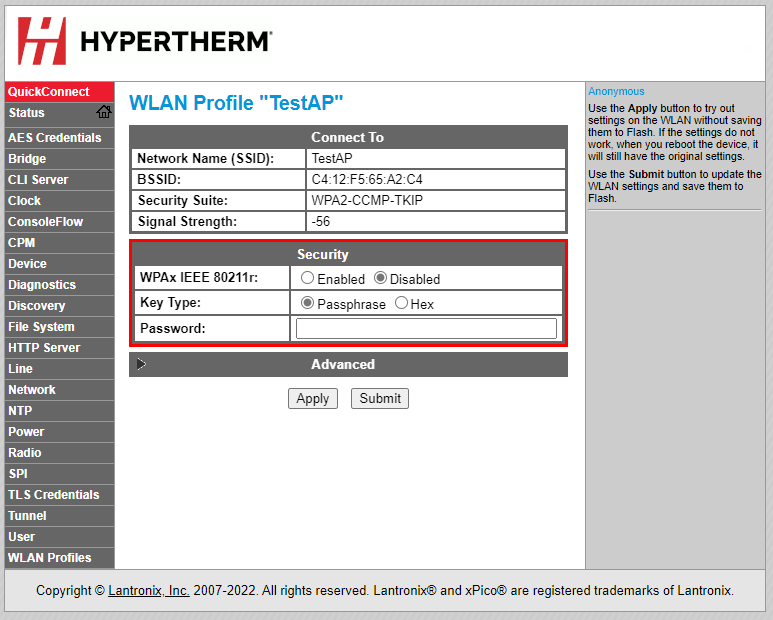 在 WLAN Profile "TestAP”（WLAN 配置文件“TestAP”）屏幕上输入网络密码。